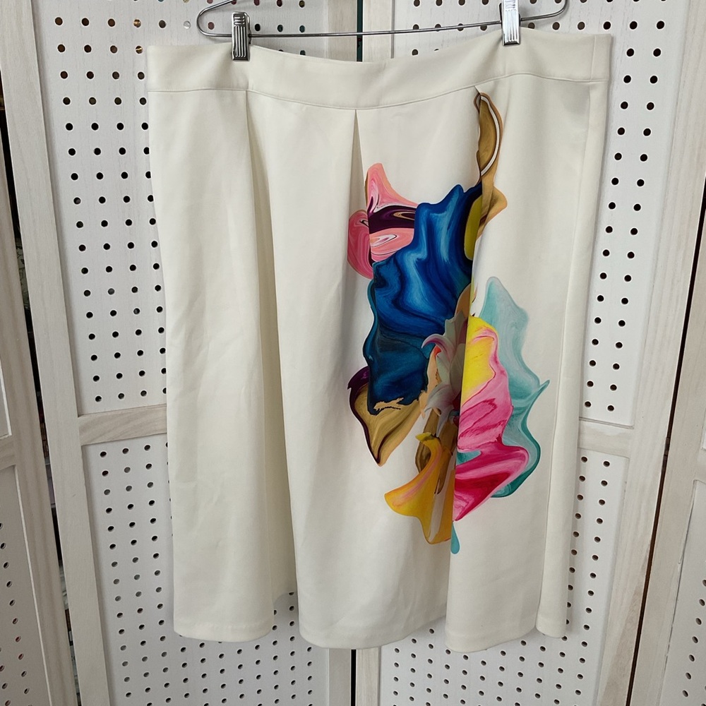 Eloquii Cream A-Line Skirt with Colorful Abstract Design